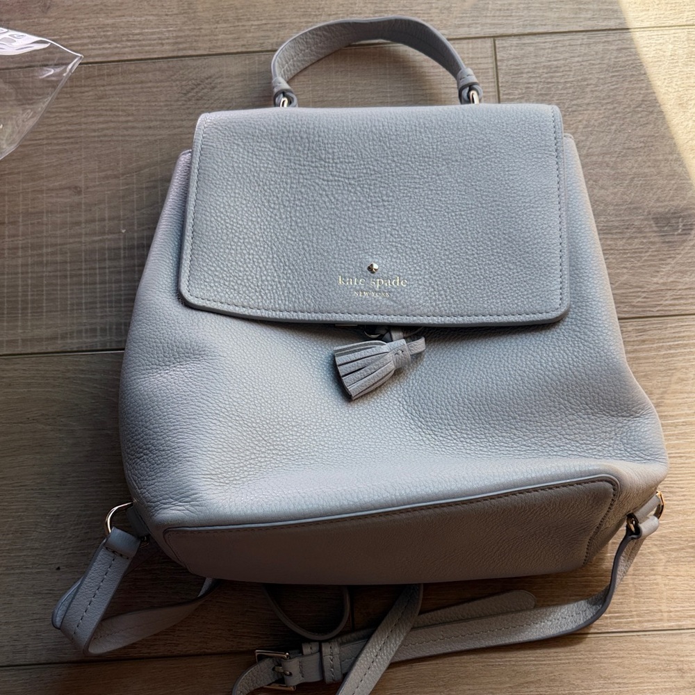 kate spade pebble leather backpack in pale gray with tassel
